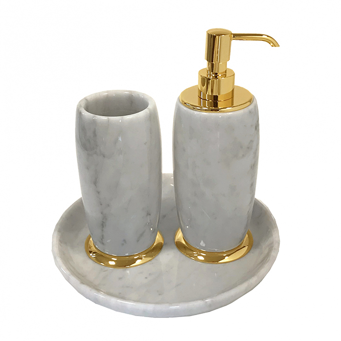 3SC Elegance Коплект: стакан, дозатор, лоток, мрамор bianco carrara/, цвет: золото 24к. Lucido