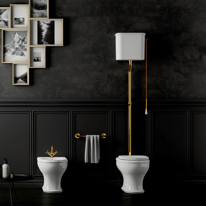 Azzurra Charme Унитаз напольный с высоким бачком, трубой и механизмом золото, 3L Water Saving, слив универсальный, сиденье микролифт цвет фурнитуры золото, с креплением VFV, цвет: Bianco lucido