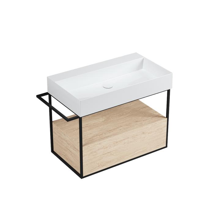 Azzurra Elegance Squared Подвесная структура под раковину, 1 ящик, полотенцедержатель, цвет ящика: Olmo naturale, цвет структуры: Nero opaco