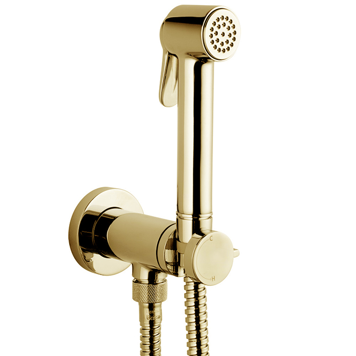 Bossini Paloma Brass Комплект гигиенический: прогрессивный смеситель,лейка с клапаном подачи воды, шланг из латуни дв. фальцевания, золото