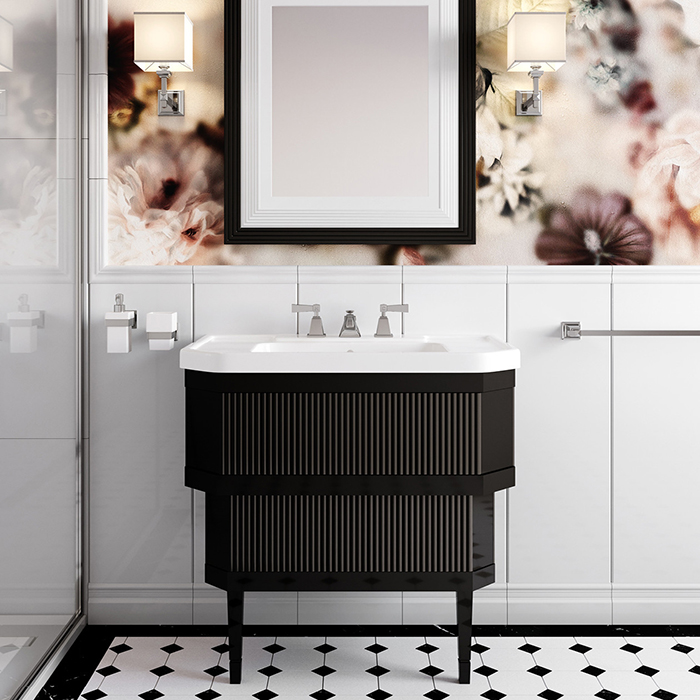 Devon&Devon Metropolitan ceramic Тумба из лакир дерева DEEP BLACK с раковиной из белой керамики на 3 отв, планки крашенное дерево DEEP BLACK