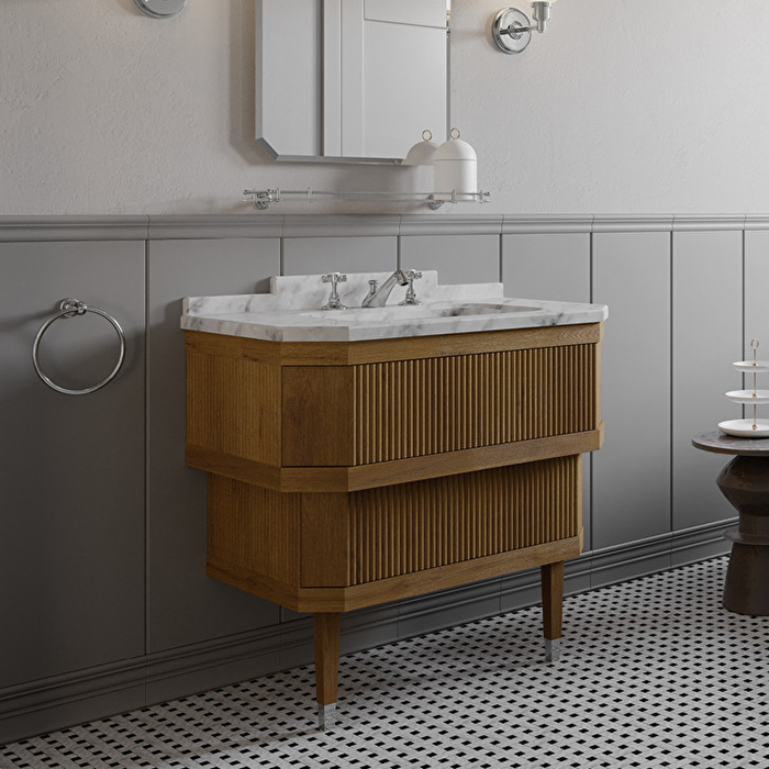 Devon&Devon Metropolitan Essenc Тумба под раковину из дуба, стол. BIANCO CARRARA, рак. SWINDON на 3 отв белая, ножки хром, цвет: ROVERE