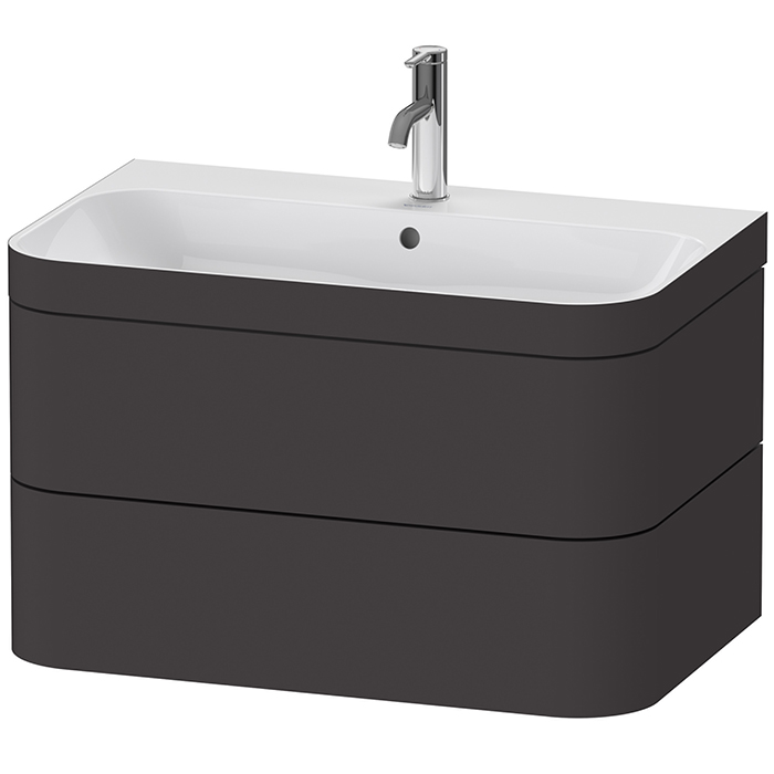 Duravit Happy D.2 Plus Тумба подвесная c-bonded с умывальником, с 1 отв под смес, 2 ящика, выпуск и сифон в комплекте, цвет: Графит суперматовый, умывальник, цвет: белый глянцевый