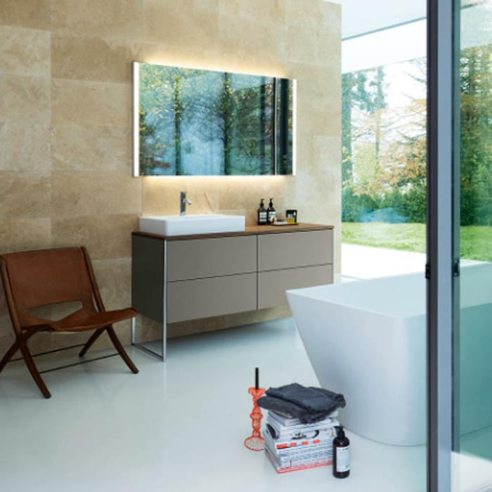 Duravit XSquare База на ножках на 1 раковину слева, с 4 выдв ящик, цвет: фланелево серый матовый с консолью напольная, цвет орех и накладной раковиной