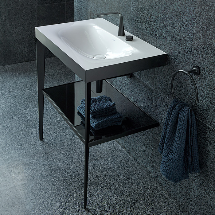 Duravit XViu Консоль напольная, с полкой, с раковиной без перелива, 2 отв, цвет: black matt/black high gloss lacquer