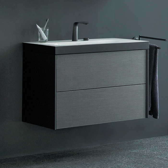 Duravit XViu Тумба подвесная, 2 ящика, с раковиной без перелива, с 2 отв под смес, цвет: dark brushed oak/чёрный матовый