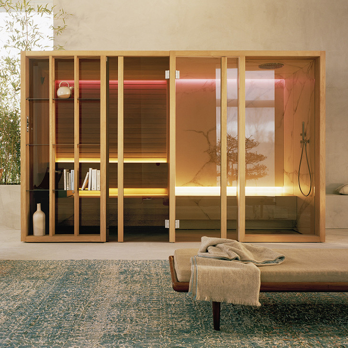 Effegibi Yoku SH Glass Сауна&Хаммам, в нишу, цвет: чёрный орех/Calacatta Gold Extra