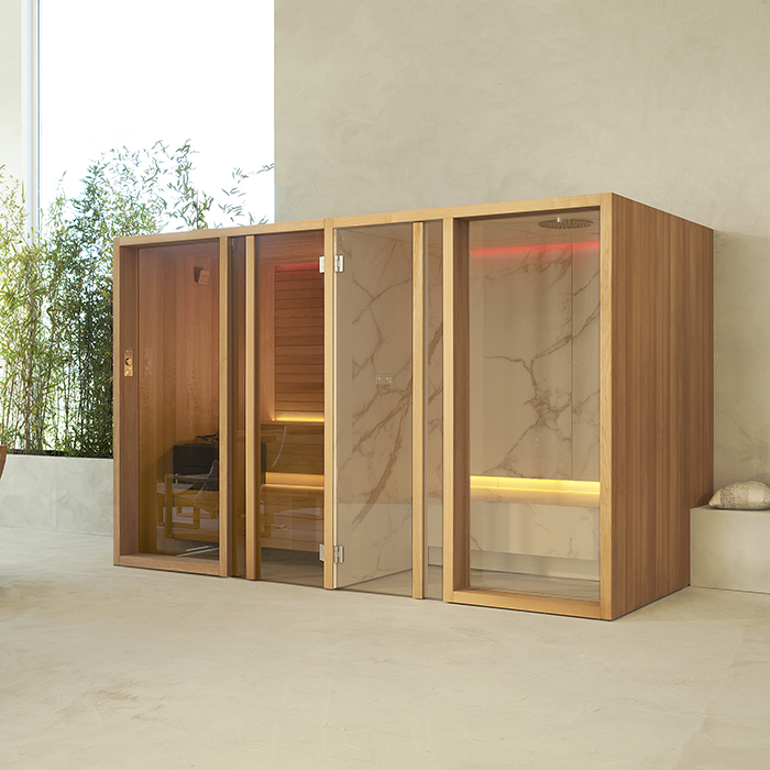 Effegibi Yoku Spa Shelf Сауна&Хаммам, пристенная, цвет: чёрный орех/Calacatta Gold Extra
