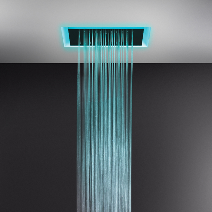 Gessi Afilo Встраиваемая душевая система, "троп.ливень,водопад,распыление,хромо"+ пульт упр. (треб. блок питания на 12B), окантовка белый CN/панель блестящая сталь