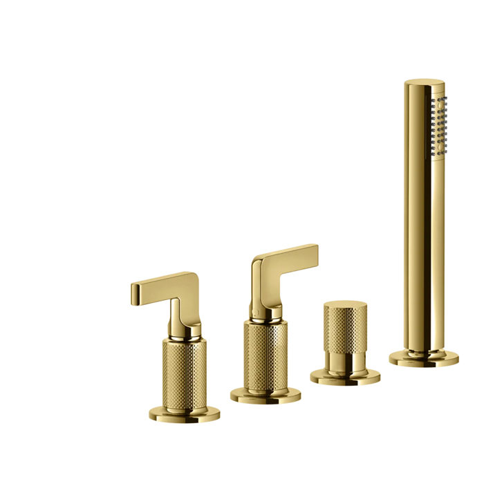Gessi Inciso Смеситель для ванны, на 4 отв, с переключатель потоков, шланг, и ручным душем, цвет: золото