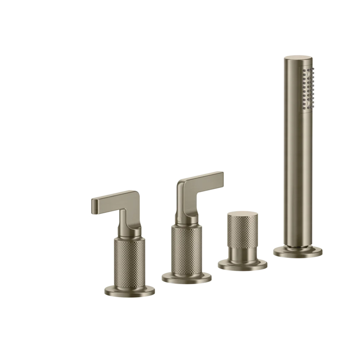 Gessi Inciso Смеситель для ванны на 4 отверстия для наполнения через слив-перелив, переключатель, с ручным душем, цвет: finox