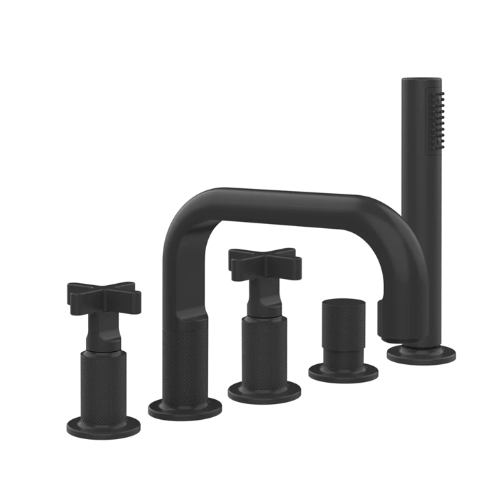 Gessi Inciso+ Смеситель для ванны на 5 отверстий с изливом, переключателем, ручным душем и шлангом 1,50 м, цвет: black XL