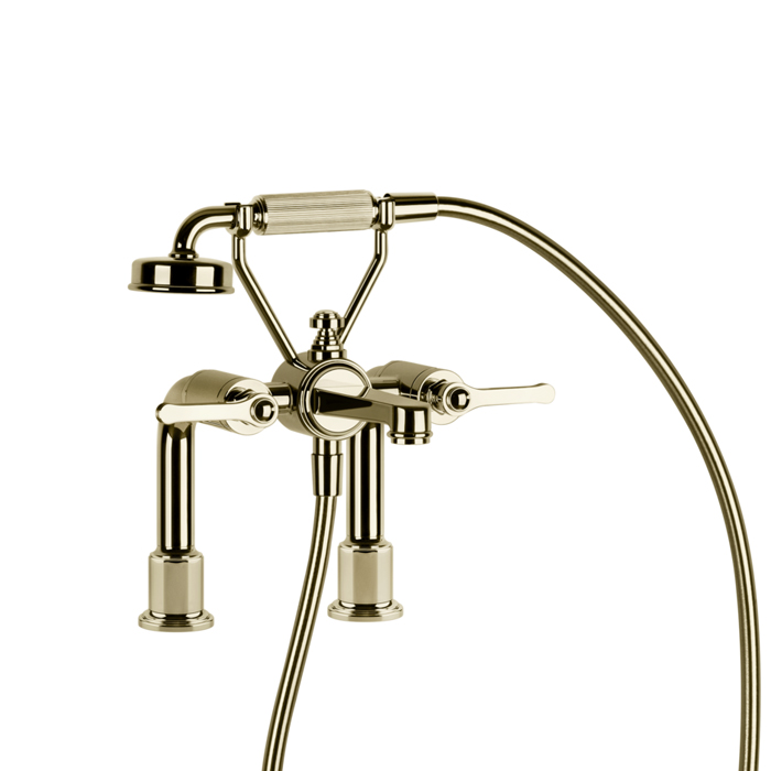 Gessi Venti20 Смеситель для установки на борт ванны на 2 отверстия, двухвентильный, с ручным душем и шлангом, цвет: Brass PVD
