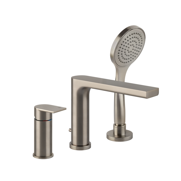 Gessi Emporio Via manzoni Смеситель для ванны, на 3 отв, с переключателем, изливом и шлангом 1,50м, цвет: Finox Brushed Nickel