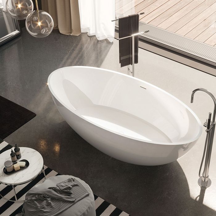Gruppo Treesse Carezza Ванна, отдельностоящая, Solid Surface, с сливом-переливом и сифоном, цвет: белый глянцевый