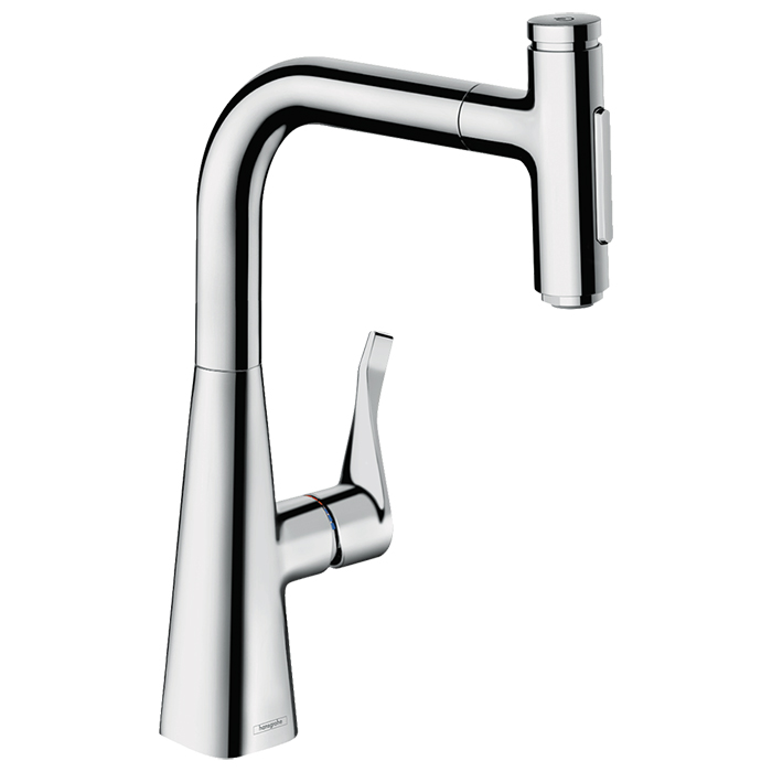 Hansgrohe Metris M71 Смеситель для кухни, на 1 отв, поворотный излив: с вытяжным душем, 2jet, sBox кнопка вкл/выкл, цвет: хром