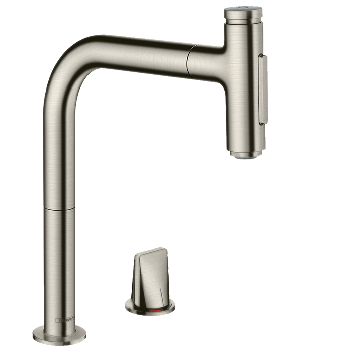 Hansgrohe Metris M71 Смеситель для кухни, на 2 отв, поворотный излив: с вытяжным душем, 2jet, h:, sBox, цвет: нержавейка