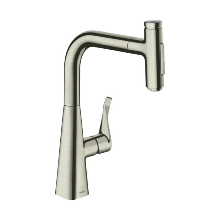 Hansgrohe Metris M71 Смеситель для кухни, на 1 отв, поворотный излив: с вытяжным душем, 2jet, sBox кнопка вкл/выкл, цвет: нержавейка