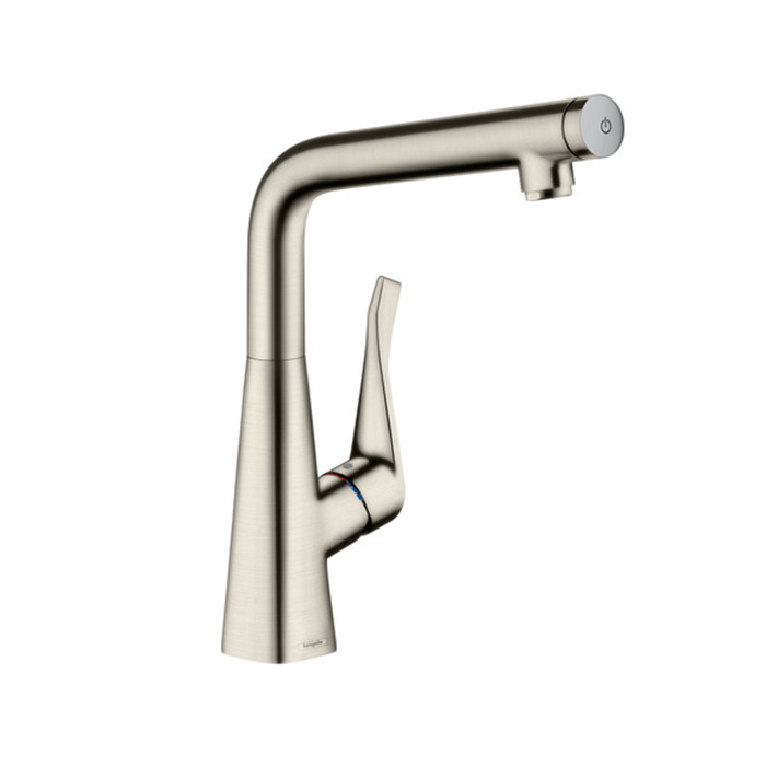 Hansgrohe Metris Select Смеситель для кухни на 1 отв, поворотный излив, кнопка вкл/выкл воды, цвет: сталь
