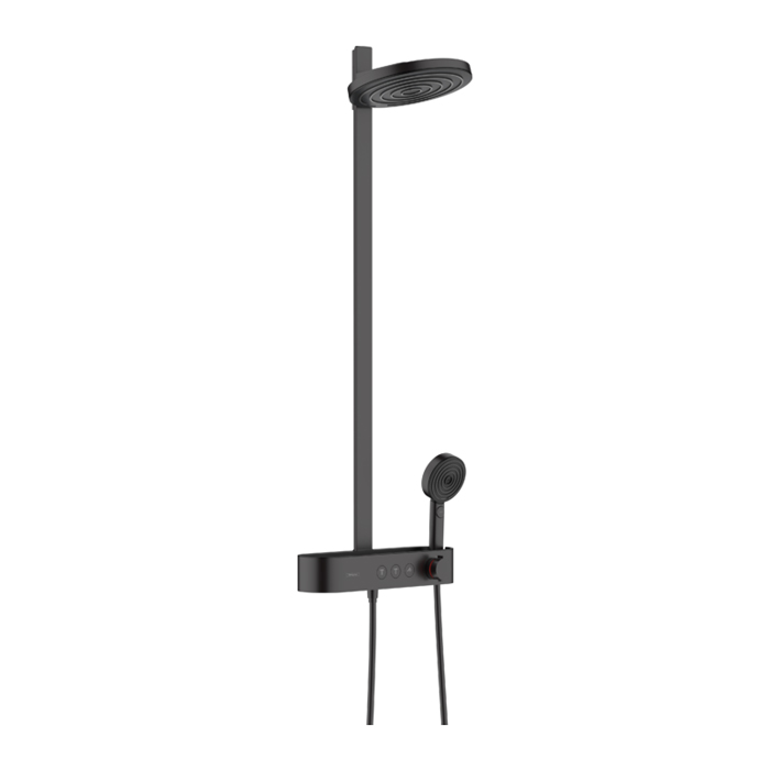 Hansgrohe Pulsify Душевая стойка с термостатическим смесителем, верхним душем с 2 режимами, ручным душем и шлангом, цвет: черный матовый/графит