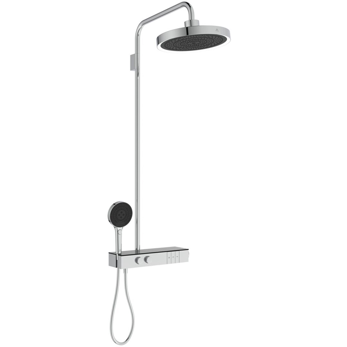 Ideal Standard Solos Душевая система с термостатическим смесителем, держатель для лейки, 3-функциональный (Rain, Silkrain, SecondSkin) круглый пластиковый верхний душ, ручной душ 3-х фукциональный, шланг, цвет: хром