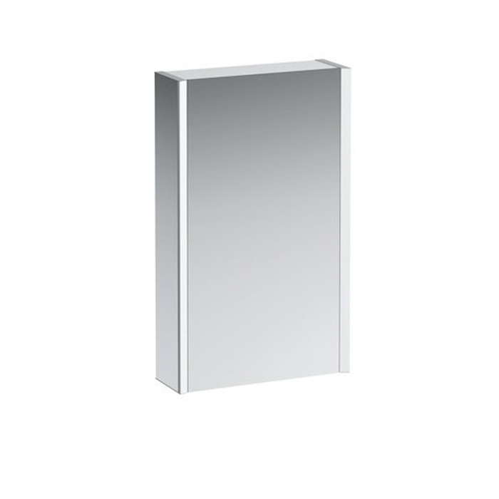 Laufen Frame 25 Зеркальный шкаф, алюминий, 1 дверца с зеркалом с 2х сторон, DX, сенс. выкл, 2 розетки, 2 верт-х эл-та LED-подсветки (регул-ая яркость), с окружающим освещением (внизу), цвет: белый
