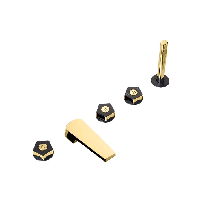 Newform ParkLE Смеситель на борт ванны, 5 отв, с ручным душем, цвет: PVD glossy gold/черный матовый