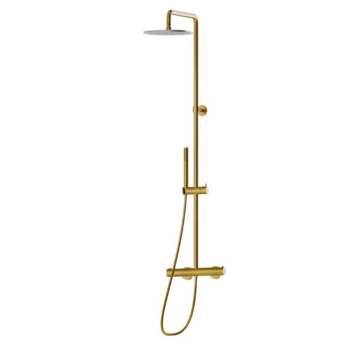 Newform Shower Душевая стойка с термостатическим смесителем, переключателем, верхним и ручным душем, цвет: PVD brushed gold