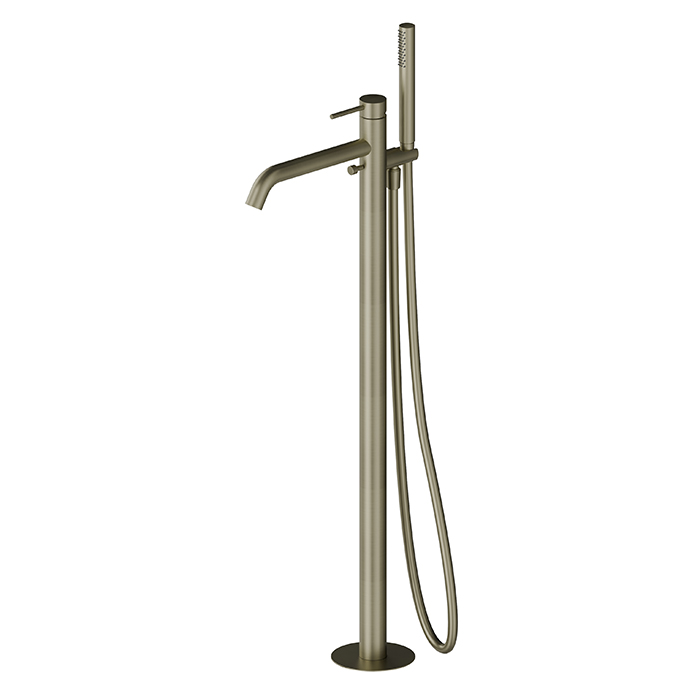 Newform X-STEEL 316 Смеситель для ванны напольный, излив, в компл: руч. душ, шланг, без встр. части, цвет: PVD Brushed pale gold
