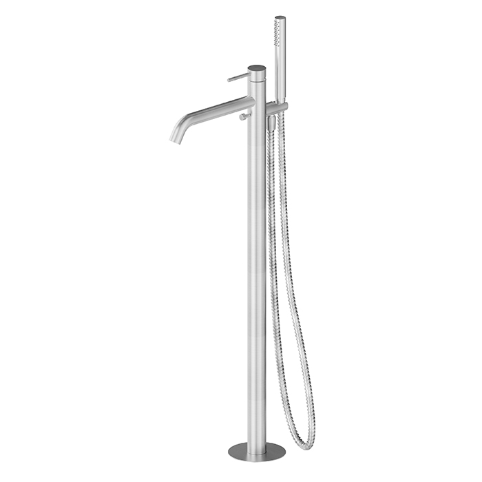 Newform X-STEEL 316 Смеситель для ванны напольный, излив, в комплекте руч. душ, шланг, без встраиваемой части, цвет: нержавеющая сталь