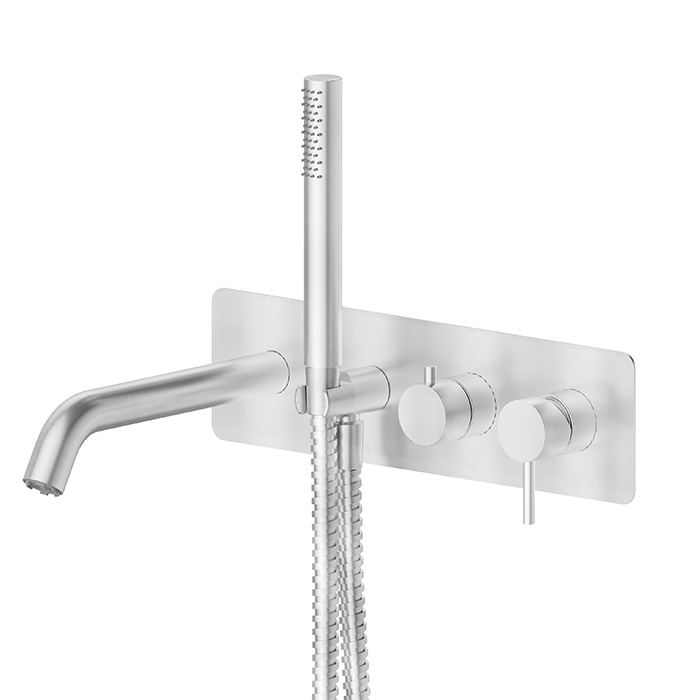 Newform X-STEEL 316 Смеситель для ванны, встраиваемый, с ручным душем, излив, цвет: нержавеющая сталь