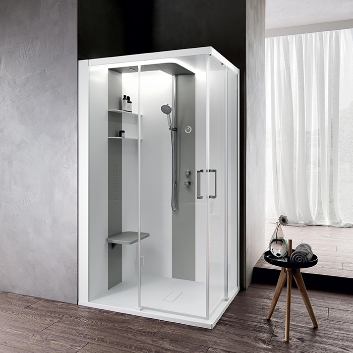 Novellini Skill A Душевая кабина 120х100х217.5cмм., Sx, Essential, поддон 12.5см., с термостатическим смесителем, стекло, цвет: белый глянц/Light grey