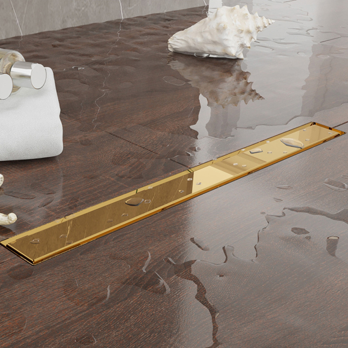 Plumberia Selection Трап душевой PS LINEAR 2устор. накладка из нерж.стали, комбинир.затвор с горизонт. Выпуском Ду,40л/мин, цвет: золото 24К