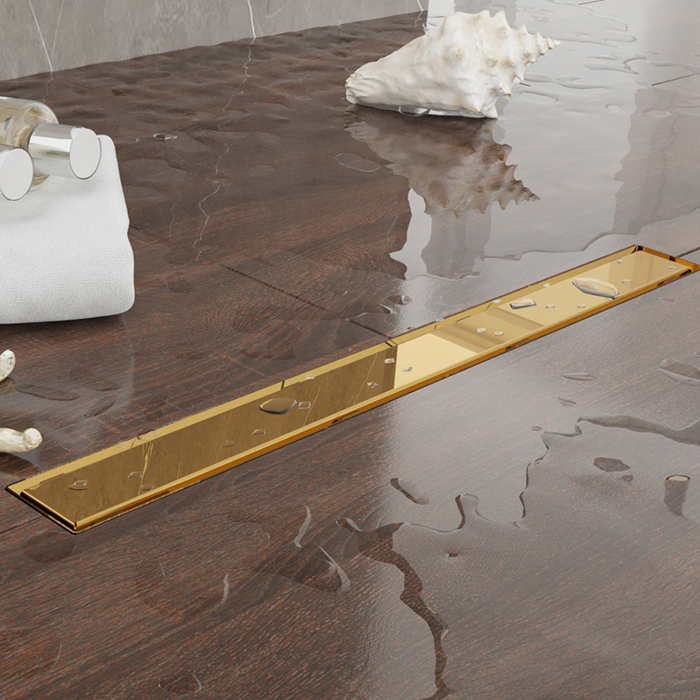 Plumberia Selection Трап душевой PS LINEAR 2устор. накладка из нерж.стали, комбинир.затвор с горизонт. Выпуском Ду,40л/мин, цвет: золото 24К