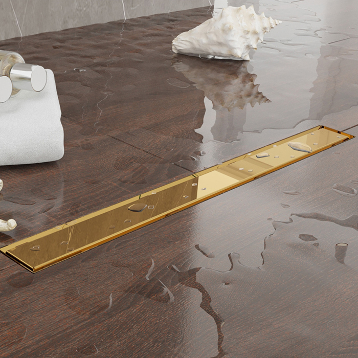 Plumberia Selection Трап душевой PS LINEAR 2устор. накладка из нерж.стали, комбинир.затвор с горизонт. Выпуском Ду,40л/мин, цвет: золото 24К