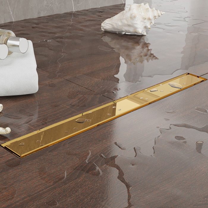 Plumberia Selection Трап душевой PS LINEAR 2устор. накладка из нерж.стали, комбинир.затвор с горизонт. Выпуском Ду,40л/мин, цвет: золото 24К