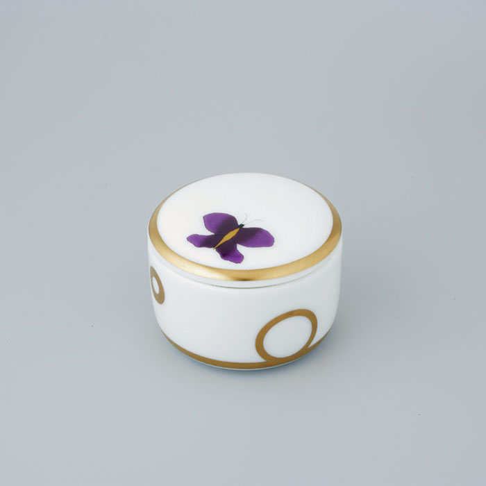 THG CAPUCINE MAUVE DECOR OR Коробка для таблеток керамическая, круглая, настольная, декор золото/лиловый, цвет: белый