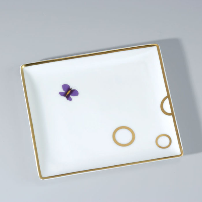 THG CAPUCINE MAUVE DECOR OR Поднос керамический, настольный, small size, декор золото/лиловый, цвет: белый