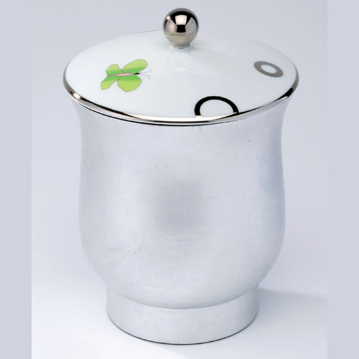 THG CAPUCINE VERT DECOR PLATINE Китайская лакированная коробка с белой керамической крышкой, middle size, декор платина/зеленый, цвет: белый