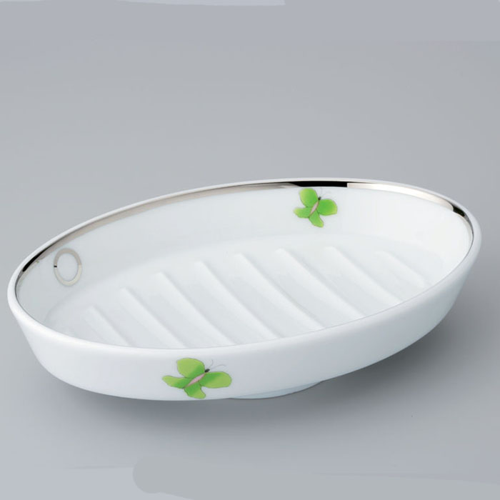 THG CAPUCINE VERT DECOR PLATINE Мыльница керамическая, настольная, декор платина/зеленый, цвет: белый