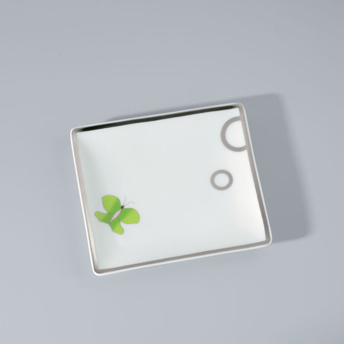 THG CAPUCINE VERT DECOR PLATINE Поднос керамический, настольный, small size, декор платина/зеленый, цвет: белый