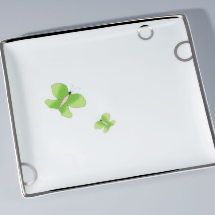 THG CAPUCINE VERT DECOR PLATINE Поднос керамический, настольный, large size, декор платина/зеленый, цвет: белый