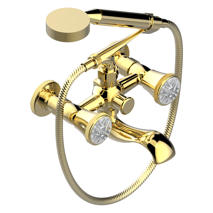 THG Hirondelles Platinum Stamped Смеситель для ванны, настенный, с ручным душем, цвет: Gold color PVD