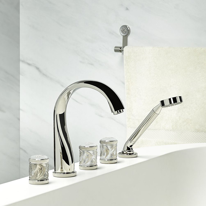 THG Hirondelles Platinum Stamped Смеситель на борт ванны, 5 отв, с ручным душем, цвет: Polished nickel