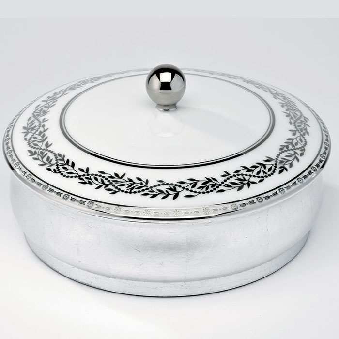 THG MARQUISE BLANC DECOR PLATINE Китайская лакированная коробка с белой керамической крышкой, big size, декор платина, цвет: серебро
