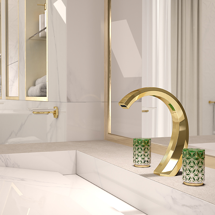 THG Nihal Porcelaine Verte Смеситель для раковины на 3 отверстия, с донным клапаном, цвет: Soft gold