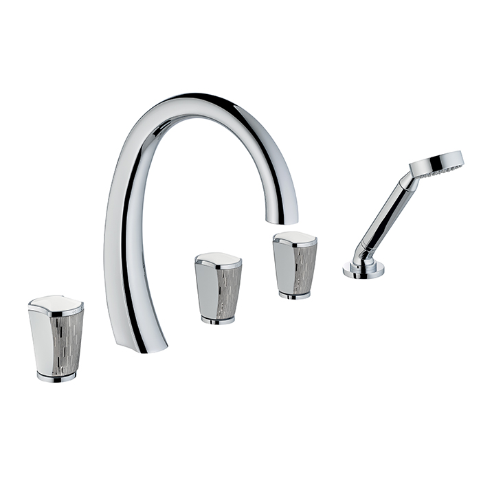 THG Infini white porcelain with platinum decor Смеситель на борт ванны на 5 отверстий, с прогрессивным смесителем для ручного душа, ручной душ, цвет: хром