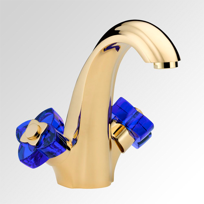 THG Pуtale de cristal bleu Смеситель для раковины, 1 отв, цвет: золото/синий хрусталь