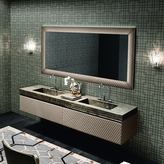 VITAGE milldue edition FOUR SEASONS Комплект мебели с базой, интегрированными раковинами PLANS, зеркалом LOSANNA, подвесной, цвет: мрамор bronzo amani-B58 экокожа visione-223 черный хром
