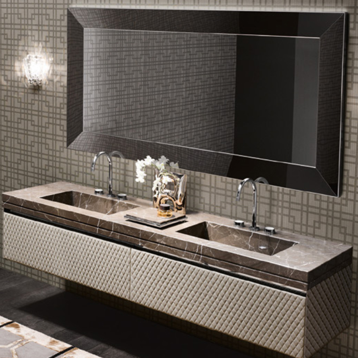 VITAGE milldue edition FOUR SEASONS Комплект мебели с базой, интегрированными раковинами PLANS, зеркалом YORK, подвесной, Цвет: мрамор bronzo amani-B58/ экокожа visione-223/ черный хром